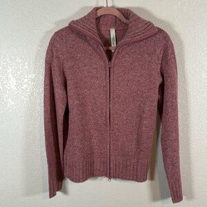 L.A. Blues Pink Gray Speckled Knit 2-Way Zipper Cardigan Sweater Size Medium NWT